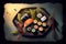 Sushi on dark background: striking contrast and vibrant colors create a captivating artwork, generative ai illustration