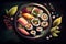 Sushi on dark background: striking contrast and vibrant colors create a captivating artwork, generative ai illustration