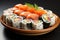 Sushi delight. exquisite plate with chopsticks, showcasing the artistry of japanese cuisine