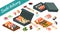 Sushi delivery service asian menu food vector illustration isolated on white. Isometric set sushi, sashimi