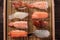 Sushi different assorted wood tray takeaway top view