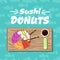 Sushi donuts. Vector illustration with sushi donut, soy sauce, Chinese sticks, slices of cucumbers on a wooden board.