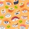 Sushi emoji seamless pattern, cartoon style.