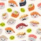 Sushi emoji seamless pattern, cartoon style