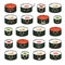 Sushi emoji vector set. Emoji sushi with faces icons. Sushi roll funny stickers