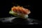 Sushi flying, close-up on sushi rolls. Food with rice on fish, sushi restaurant. generative ai