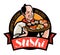 Sushi food logo or label. Japanese cuisine, restaurant emblem. Vector illustration
