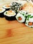 Sushi food. Maki and rolls with tuna, salmon, shrimp, crab, and avocado. Rainbow sushi roll, uramaki, hosomaki, and