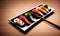 Sushi food variation and chopstick on black plate wooden table japanese