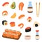 Sushi foods collection. Ikura sushi, tobiko maki, philadelphia roll, onigiri, shrimp nigiri, tekkamaki tuna roll