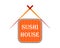 Sushi house logo. Vector illustration with chopsticks and sushi roll.