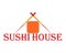 Sushi house logo. Vector illustration with chopsticks and sushi roll.