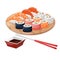 Sushi, Japanese food menu vector illustration. A colorful set of different types of sushi on a bamboo tray.