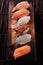 Sushi japanese food various wood platter vertical display