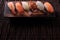 Sushi japanese food various wood tray top border copyspace