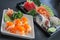 Sushi Japanese yummy dish meat fish Salmon delicious The fish filet Food Decoration Wasabi Saba rice soup salad