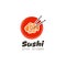 Sushi logo with fish, chinese chopsticks and red circle.