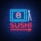 Sushi logo in neon style. Bright neon sign with text is isolated. Seafood, Japanese food. Bright billboard billboard