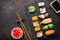 Sushi, maki, nigiri and sushi roll set top view