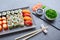 Sushi Maki and Niguiri soy sauce and wasabi