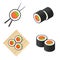 Sushi maki roll set vector with salmon, avocado and food chopsticks on bamboo plate illustration isometric and flat food logo top