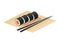 Sushi maki roll vector with salmon, avocado and food chopsticks on bamboo plate illustration, isometric japanese white delicious