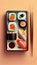 Sushi, maki, rolls set, Japanese traditional food top view composition, plain background. Generative AI illustration