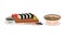 Sushi or Maki on Wooden Board with Chopsticks and Noodle in Bowl Vector Set