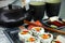 Sushi meal with teapot and cup