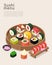 Sushi menu, asian food with rice poster vector illustration. Cooking restaurant roll with salmon on bright background