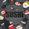 Sushi menu cover template, vector illustration. Japanese seafood restaurant, selection of traditional Asian sushi and