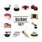 Sushi oriental japanese menu traditonal food icons set line and fill style icon