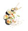 Sushi pieces with chopsticks frozen in the air isolated on white