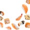 Sushi pieces flying on white background