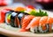 Sushi plate on a table, blurred background.