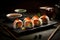 Sushi Platter with Fresh Seafood Creations served with wasabi and soy sauce. Japanese cuisine. AI generated.