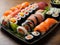 A sushi platter with a mix of traditional and fusion rolls