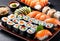 A sushi platter with a variety of rolls.