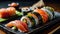 A sushi platter with a variety of textures and flavors