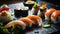 A sushi platter with a variety of textures and flavors