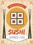 Sushi poster. Retro flyer or placard template stylized pictures of seafood salmon fishes rice with sauce chopstick