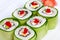 Sushi roll with avocado, cucumber and caviar