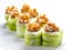 Sushi roll avocado, shrimp and tobiko on the white background
