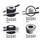 Sushi and roll with chopsticks on white background, black vector logo template. Monochrome japanese cuisine icons set.