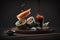 Sushi roll levitating above plate, Japanese food on black background, generative AI