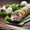 A sushi roll that looks like a snowman, with rice body and nori eyes5