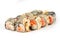 Sushi Roll - Maki Sushi with Chicken, Salmon Roe, Cucumber and Spice Sauce isolated on white background