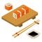 Sushi roll Philadelphia with fish, cream cheese, chopsticks, wood board.