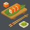 Sushi roll Philadelphia with wasabi, cream cheese, chopsticks, wood board.