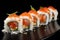 Sushi roll with salmon, avocado and caviar on black background, Artistic recreation sushi rolls with salmon and white rice with a
